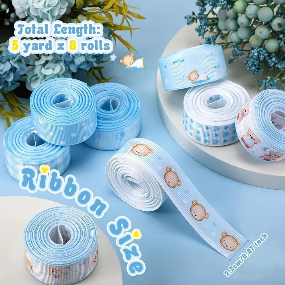 8 Roll Baby Elephant Grosgrain Ribbon 7/8 Inch Blue Baby Shower Footprint 40 Yd